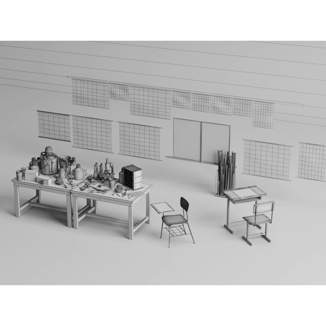 Vintage Science Lab 3D Model – Low Poly Classroom Props, FBX/OBJ - View 14
