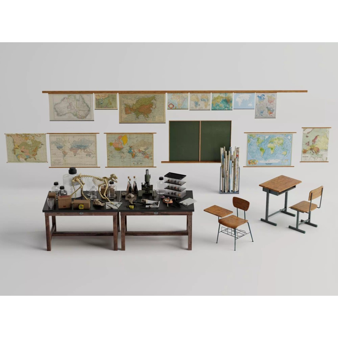 Vintage Science Lab 3D Model – Low Poly Classroom Props, FBX/OBJ - View 2
