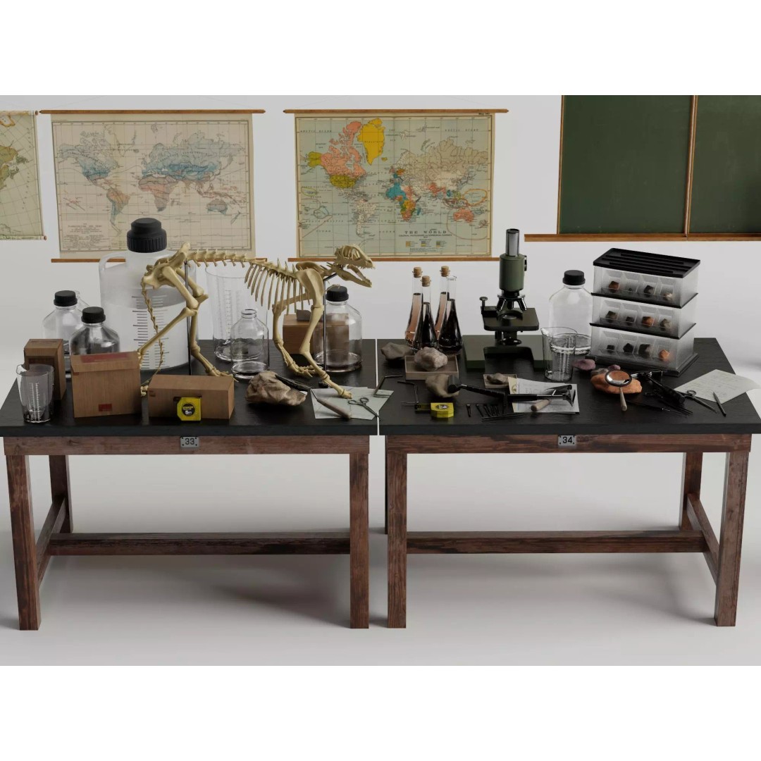 Vintage Science Lab 3D Model – Low Poly Classroom Props, FBX/OBJ - View 3
