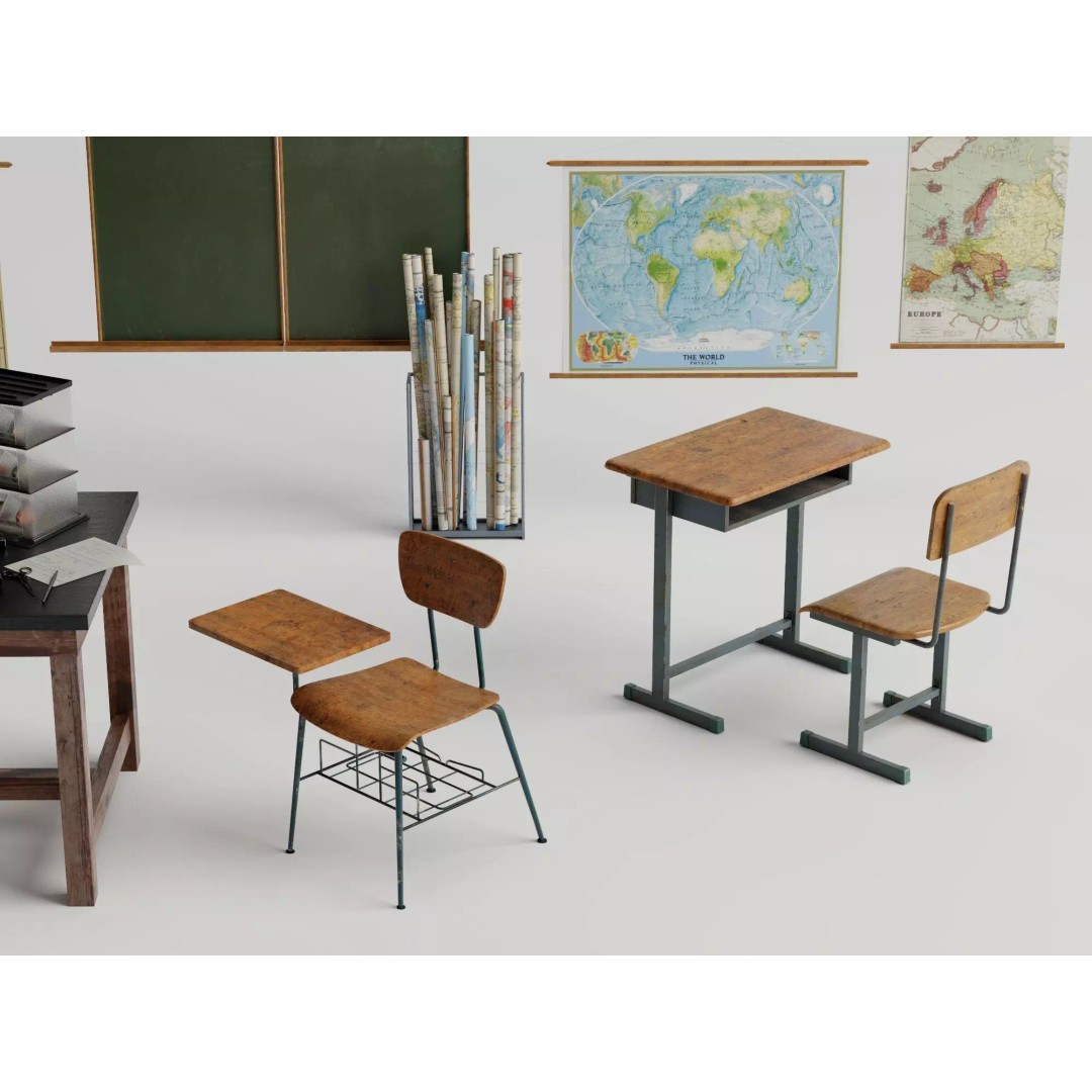 Vintage Science Lab 3D Model – Low Poly Classroom Props, FBX/OBJ - View 4