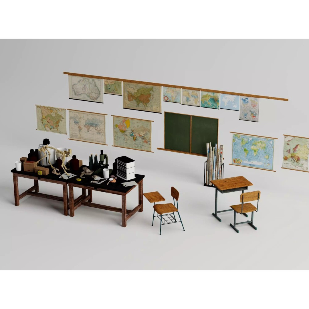 Vintage Science Lab 3D Model – Low Poly Classroom Props, FBX/OBJ - View 7