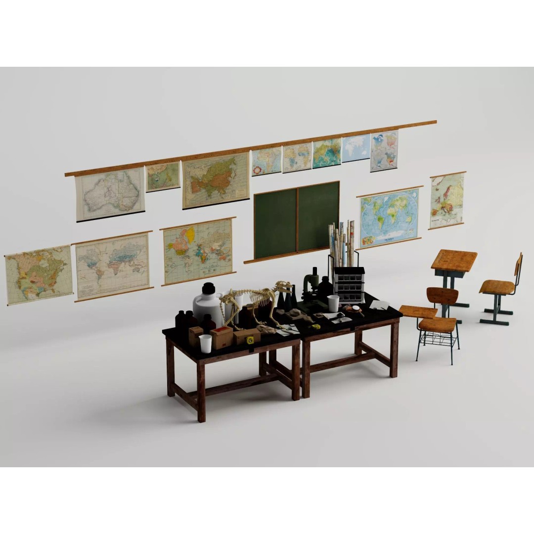 Vintage Science Lab 3D Model – Low Poly Classroom Props, FBX/OBJ - View 8