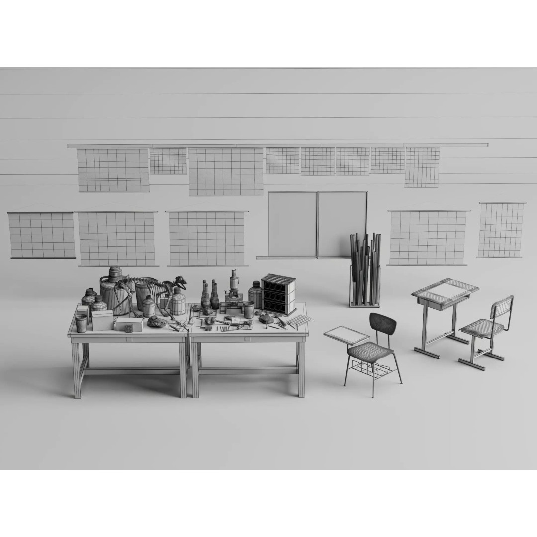 Vintage Science Lab 3D Model – Low Poly Classroom Props, FBX/OBJ - View 9