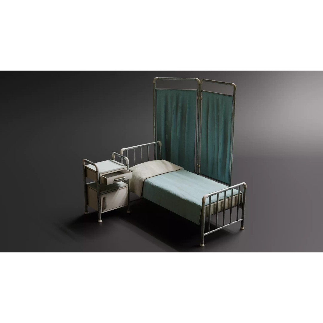 Hospital Bed 3D Model – Low Poly Medical Divider & Nightstand, FBX - View 2