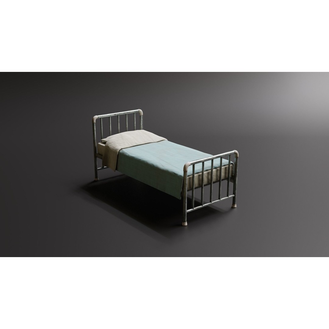 Hospital Bed 3D Model – Low Poly Medical Divider & Nightstand, FBX - View 3