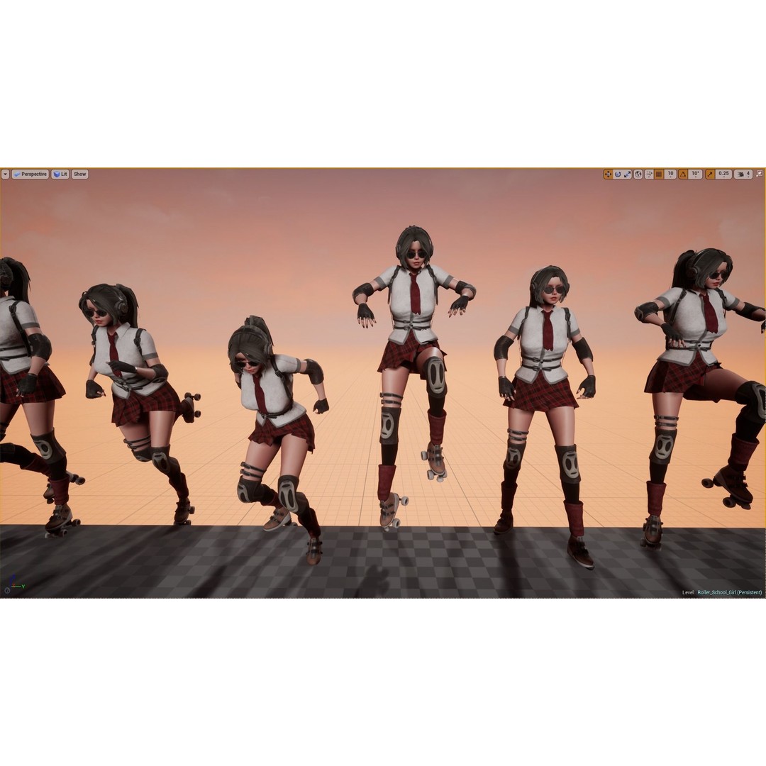 Roller School Girl 3D Model – Low Poly Rigged Character with PBR Textures