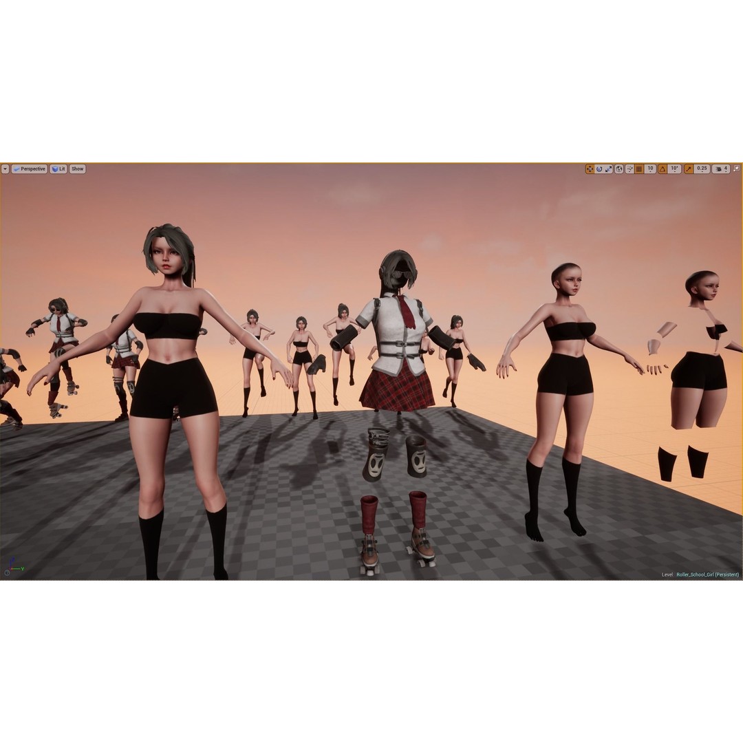 Roller School Girl 3D Model – Low Poly Rigged Character with PBR Textures - View 13