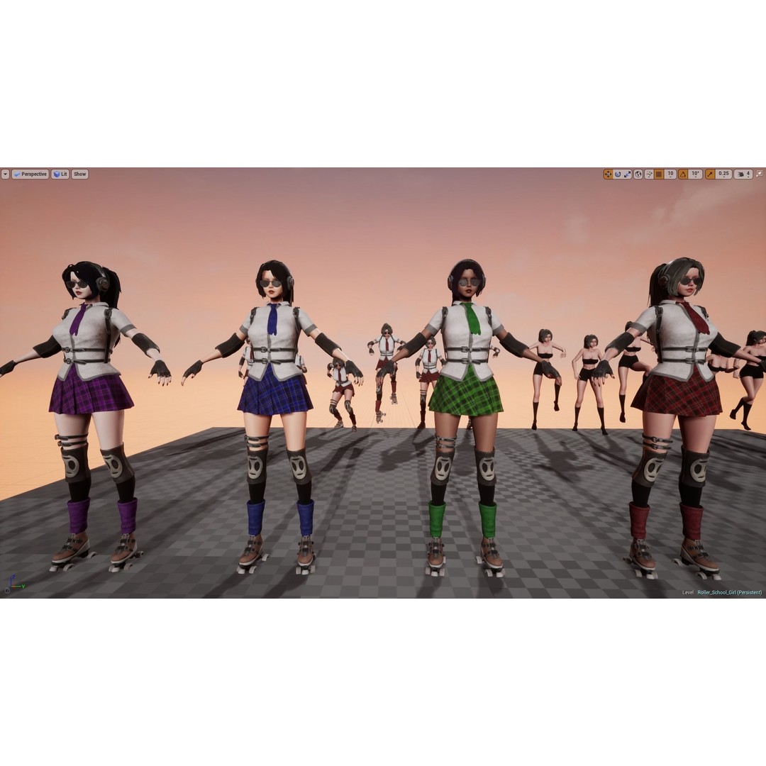 Roller School Girl 3D Model – Low Poly Rigged Character with PBR Textures - View 15