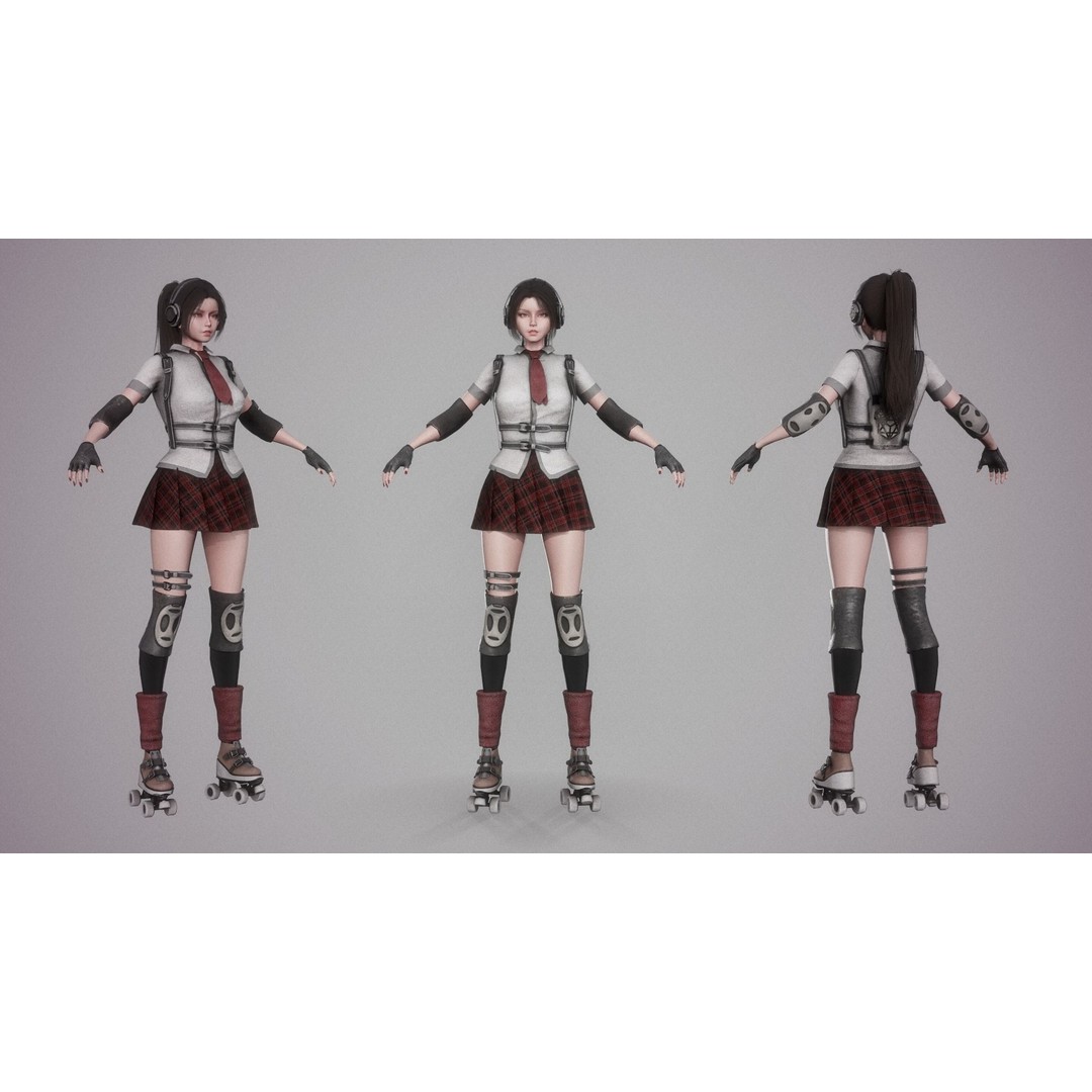 Roller School Girl 3D Model – Low Poly Rigged Character with PBR Textures - View 3