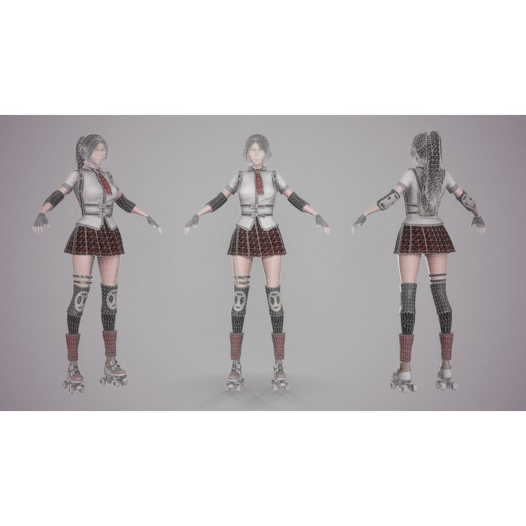 Roller School Girl 3D Model – Low Poly Rigged Character with PBR Textures - View 4