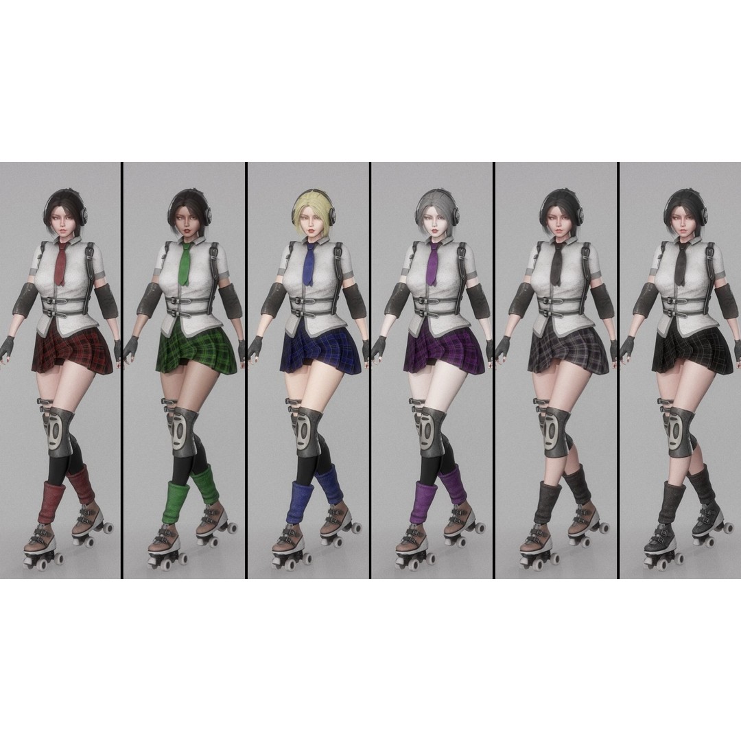 Roller School Girl 3D Model – Low Poly Rigged Character with PBR Textures - View 5