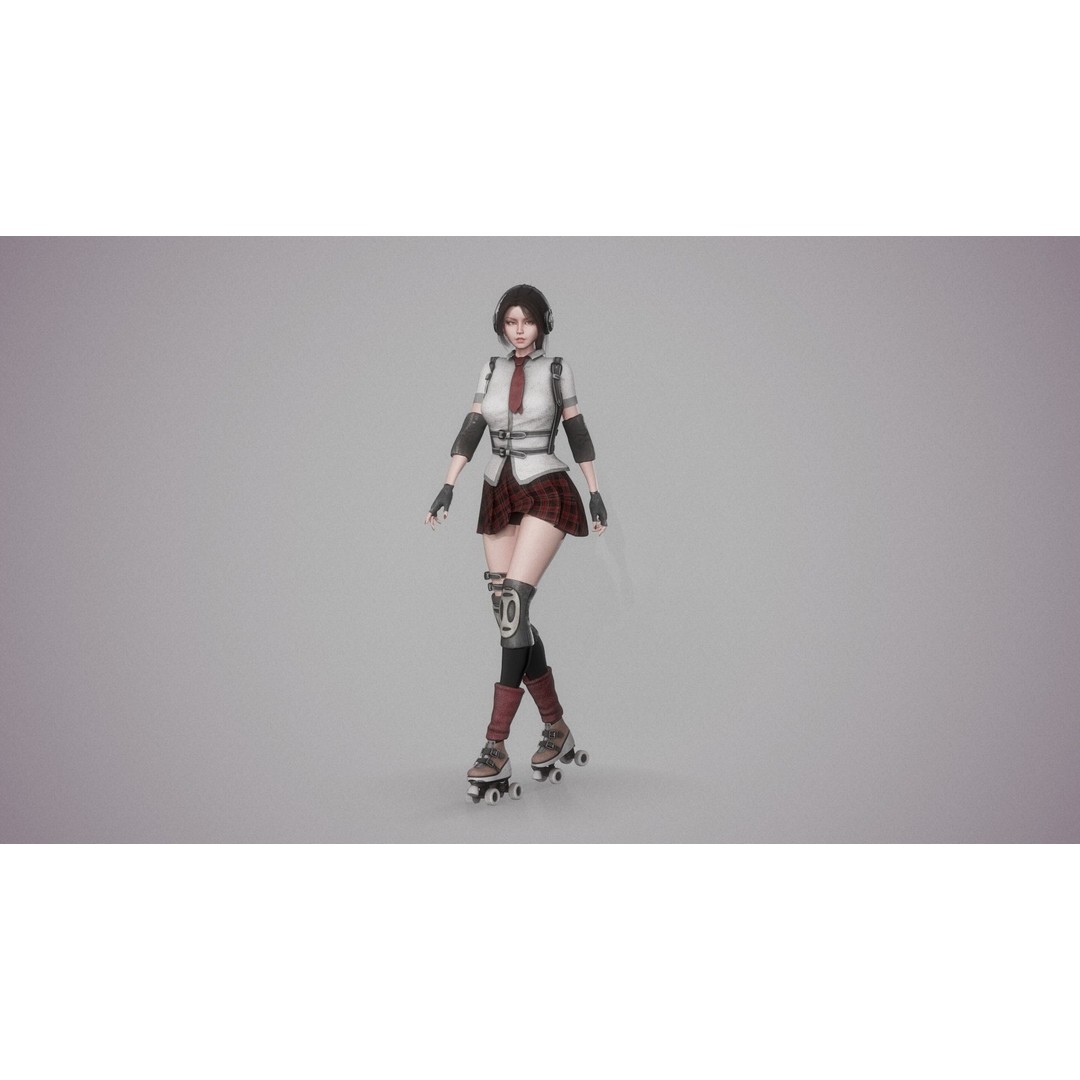 Roller School Girl 3D Model – Low Poly Rigged Character with PBR Textures - View 7