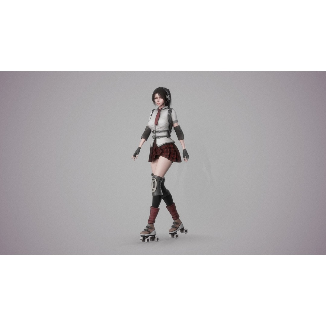 Roller School Girl 3D Model – Low Poly Rigged Character with PBR Textures - View 8