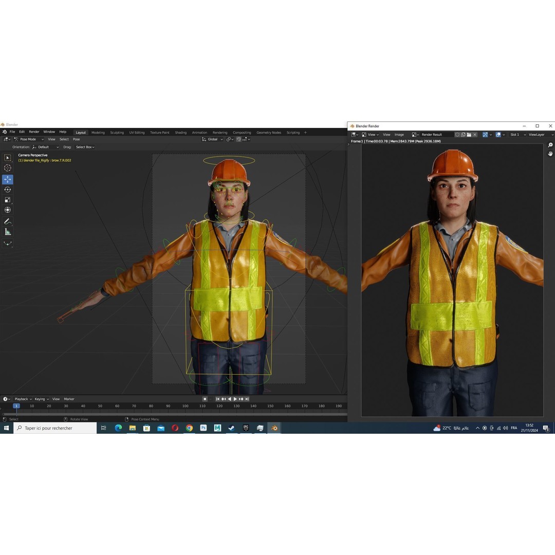 Female Construction Worker 3D Model – Low Poly Rigged Character, FBX - View 15