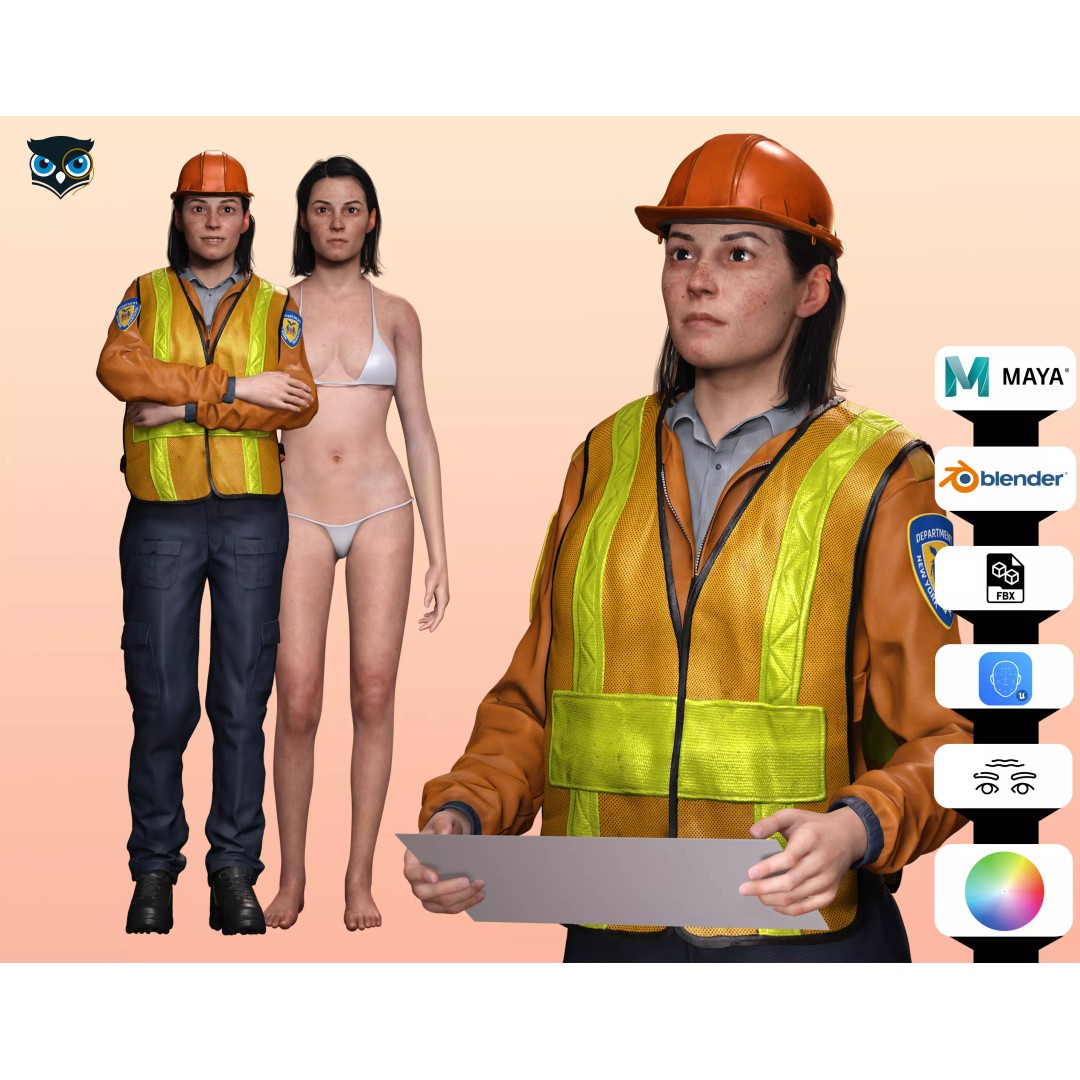 Female Construction Worker 3D Model – Low Poly Rigged Character, FBX - View 2