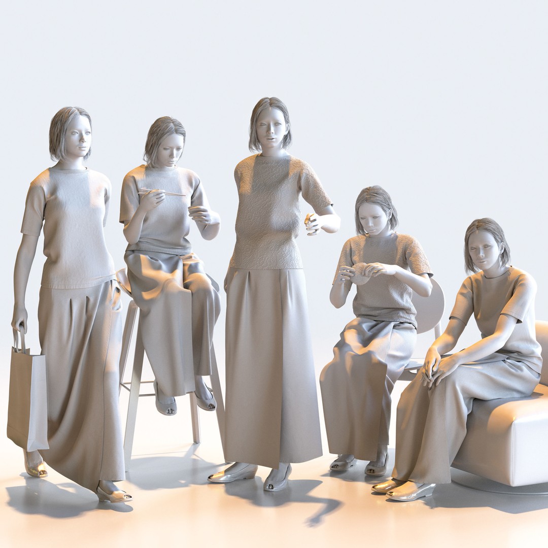 Posed Asian Casual Woman 3D Model – Realistic Character Pack, FBX - View 3