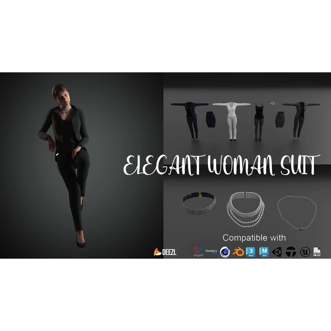 Elegant Woman Suit 3D Model – Low Poly Game Asset, FBX & Blender - View 9