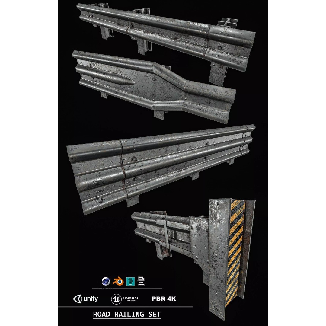 Road Railing 3D Model – Low Poly Game Asset, PBR Textures, FBX - View 2