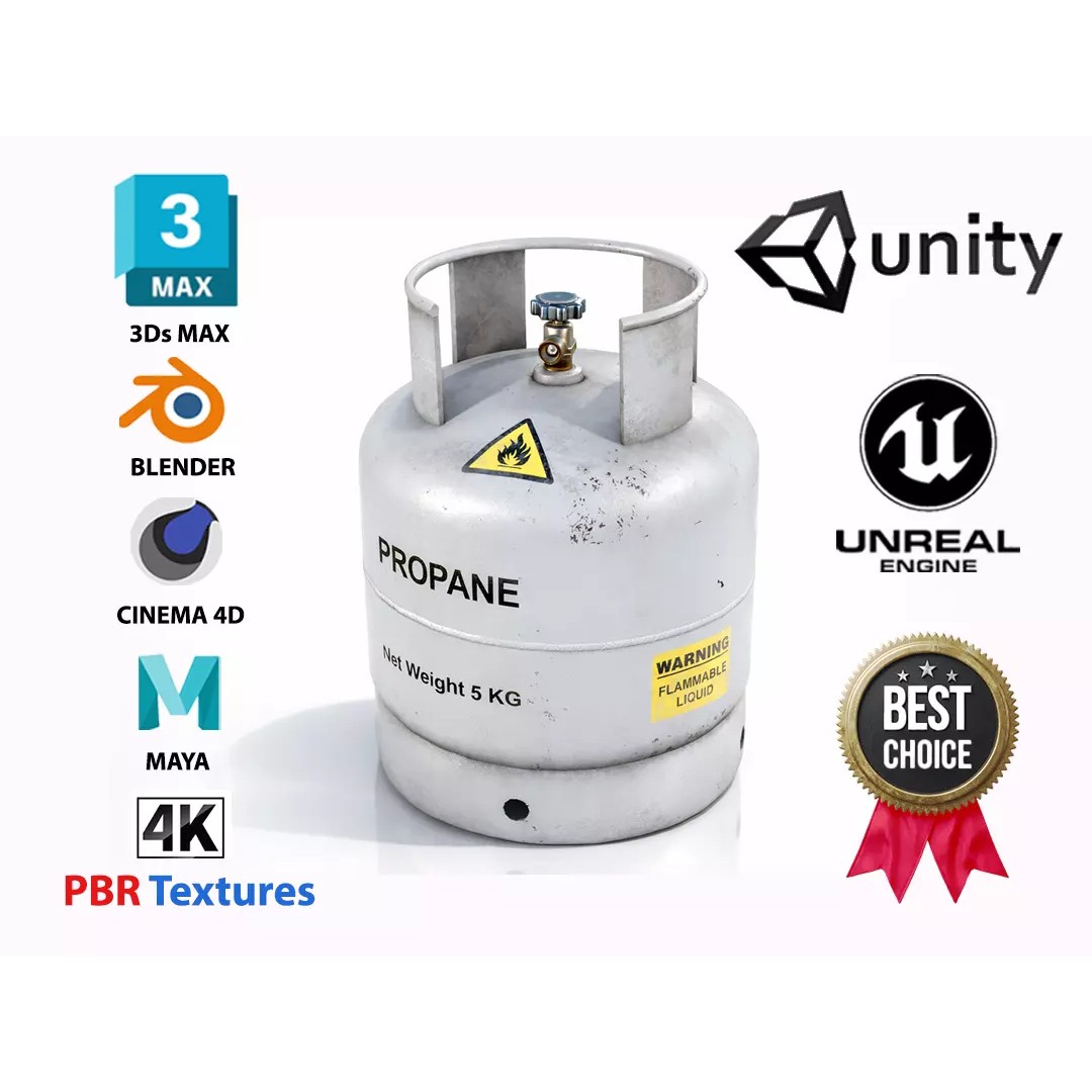 5 KG Propane Gas Cylinder 3D Model – Low Poly PBR Game Asset, FBX - View 2