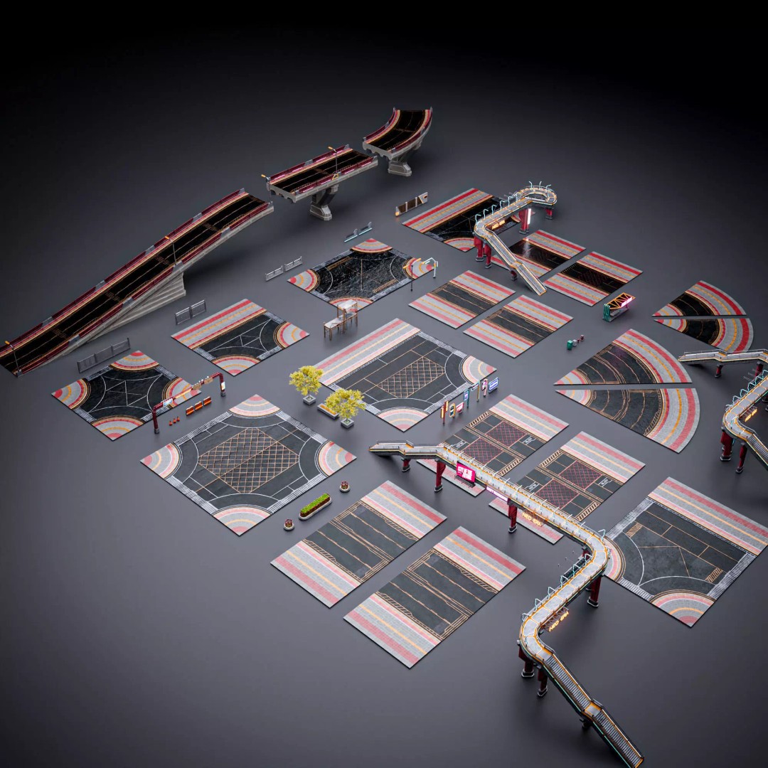 Sci-Fi Street Asset 3D Model – Modular Kit for Cyberpunk Environments, FBX - View 3