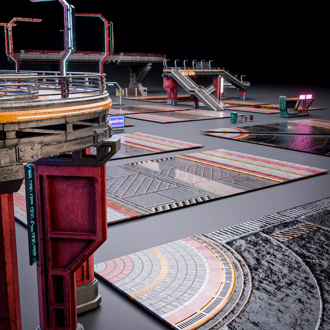 Sci-Fi Street Asset 3D Model – Modular Kit for Cyberpunk Environments, FBX - View 7