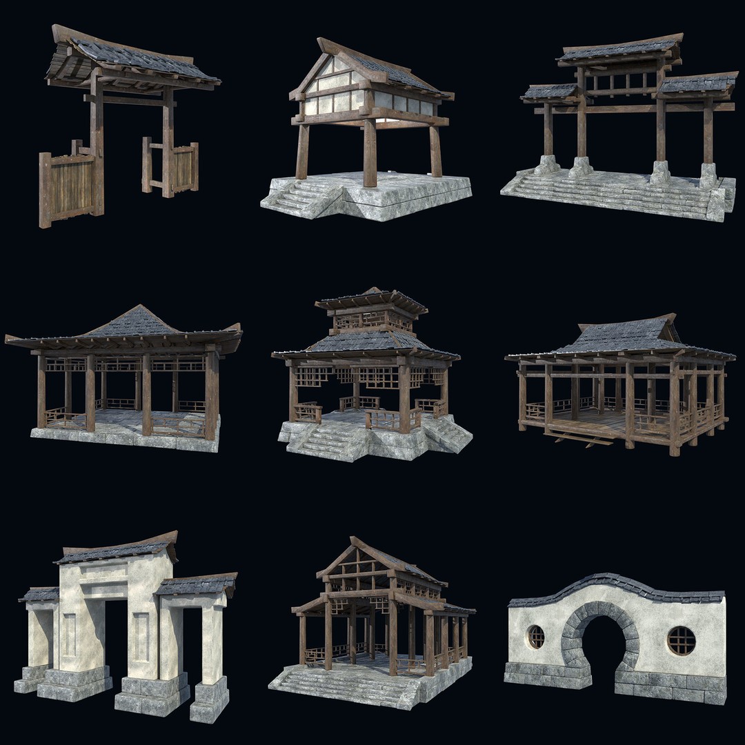 Asian Structures 3D Model – Low Poly Game-Ready Collection, FBX & OBJ