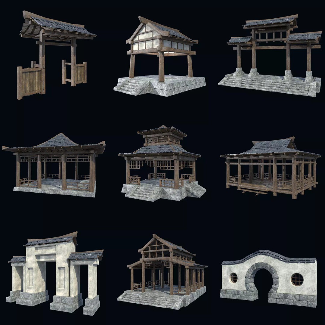 Asian Structures 3D Model – Low Poly Game-Ready Collection, FBX & OBJ - View 2