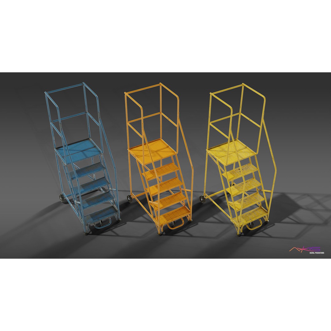 Narrow Aisle 5-Step Warehouse Ladder 3D Model – PBR Textured FBX Asset