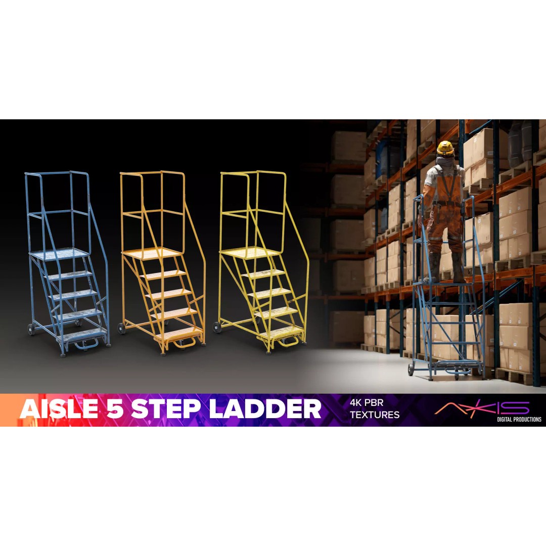 Narrow Aisle 5-Step Warehouse Ladder 3D Model – PBR Textured FBX Asset - View 2