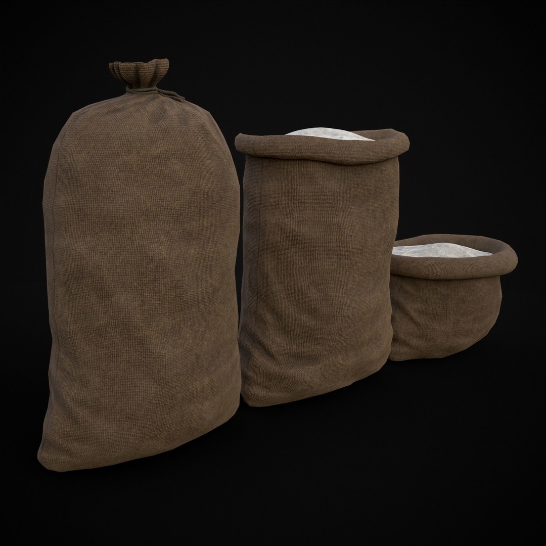 Burlap Sacks of Salt 3D Model – Low Poly Game Asset, FBX, OBJ - View 10