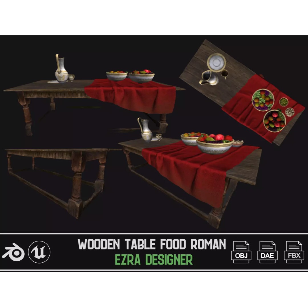 Roman Wooden Food Tables 3D Model – Low Poly Game Asset, FBX - View 2
