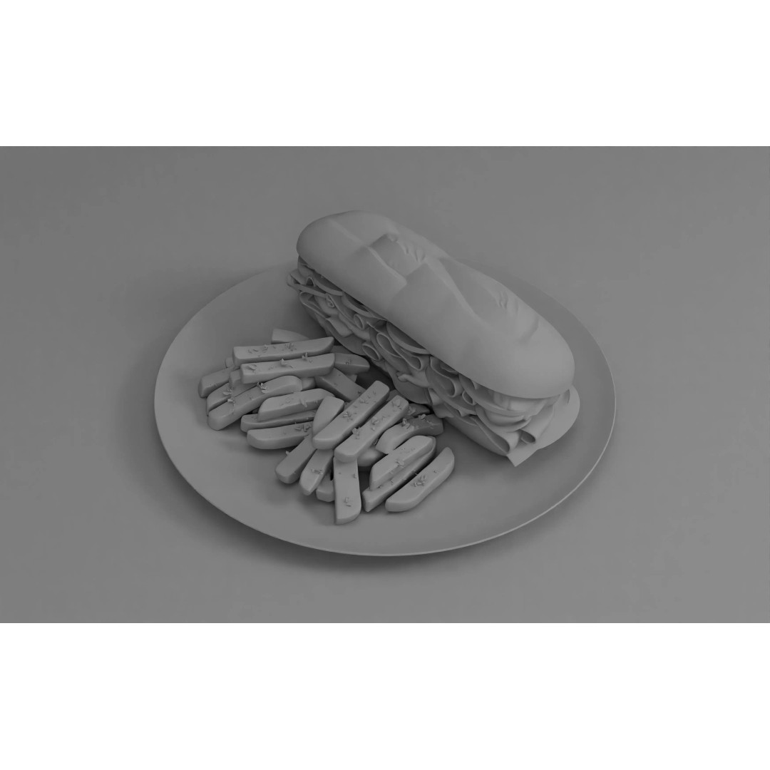 Realistic Sandwich 3D Model – Low Poly Food Asset with Fries, FBX