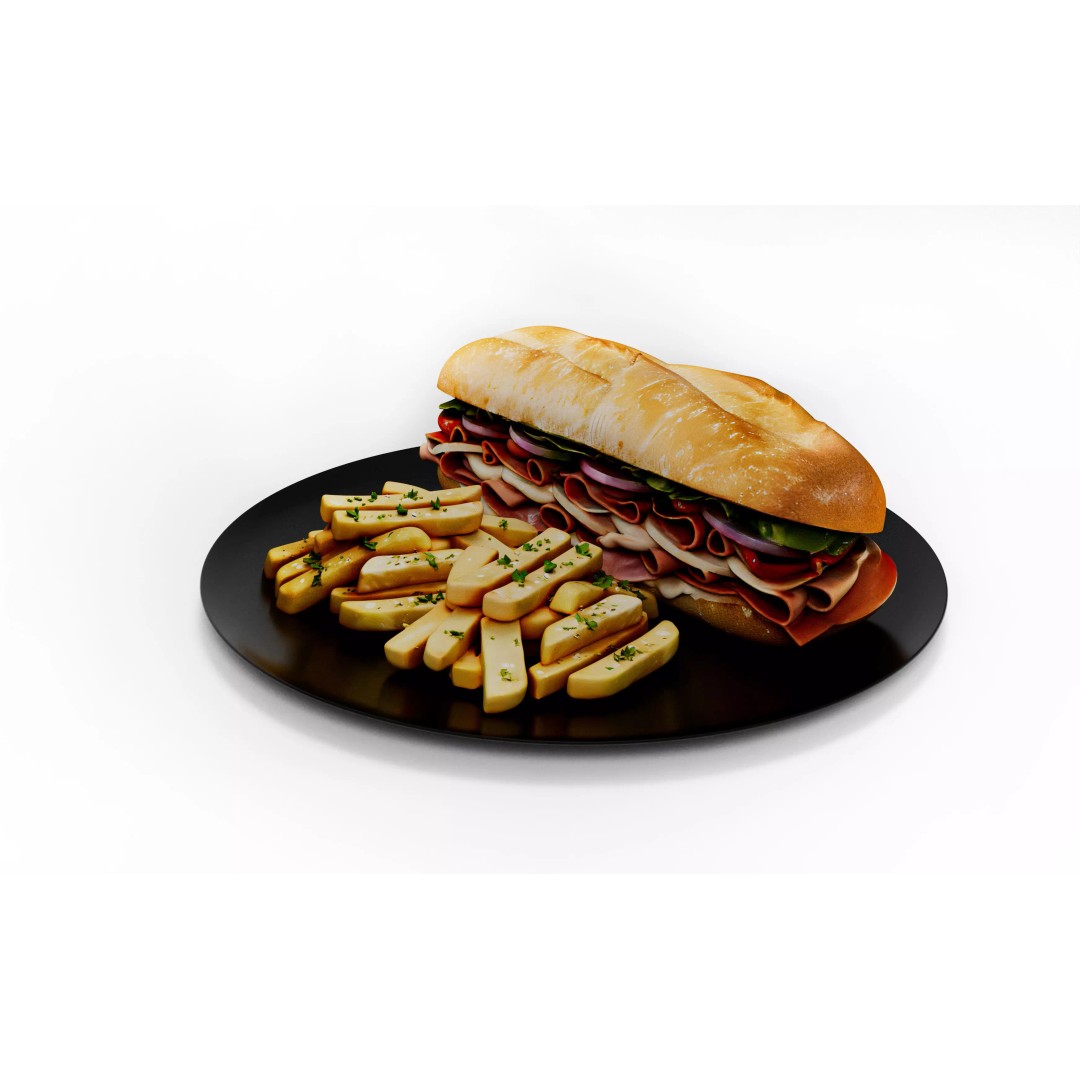 Realistic Sandwich 3D Model – Low Poly Food Asset with Fries, FBX - View 3