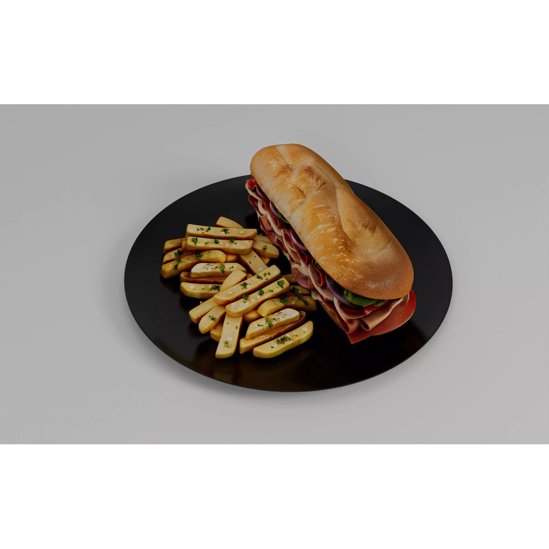 Realistic Sandwich 3D Model – Low Poly Food Asset with Fries, FBX - View 4