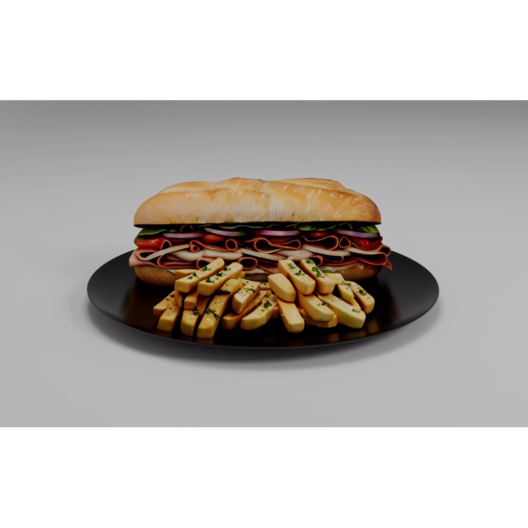 Realistic Sandwich 3D Model – Low Poly Food Asset with Fries, FBX - View 5