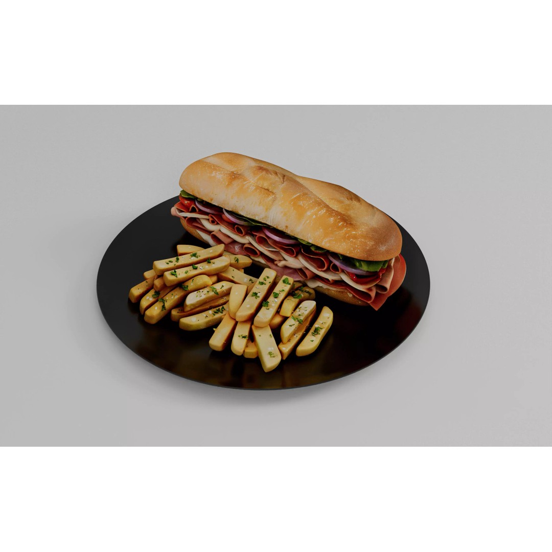 Realistic Sandwich 3D Model – Low Poly Food Asset with Fries, FBX - View 6