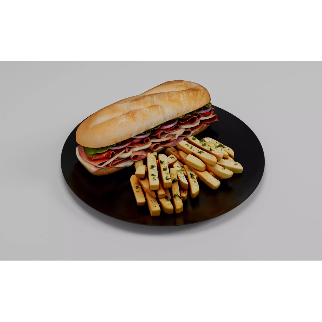 Realistic Sandwich 3D Model – Low Poly Food Asset with Fries, FBX - View 8