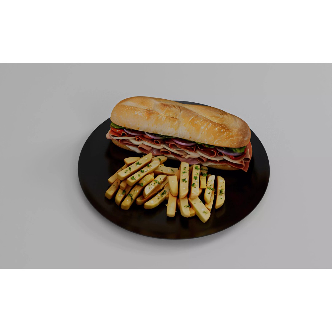 Realistic Sandwich 3D Model – Low Poly Food Asset with Fries, FBX - View 9
