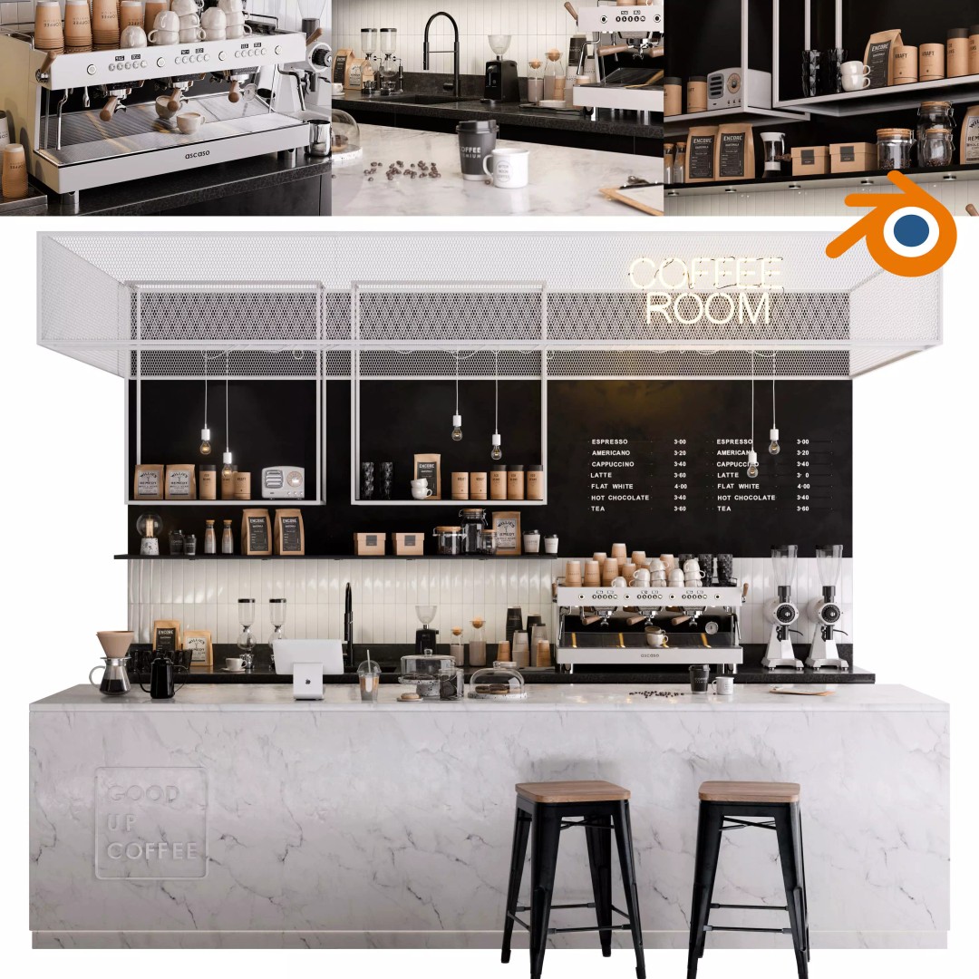 Modern Coffee Shop Interior 3D Model – High-Quality PBR Blender Asset - View 2