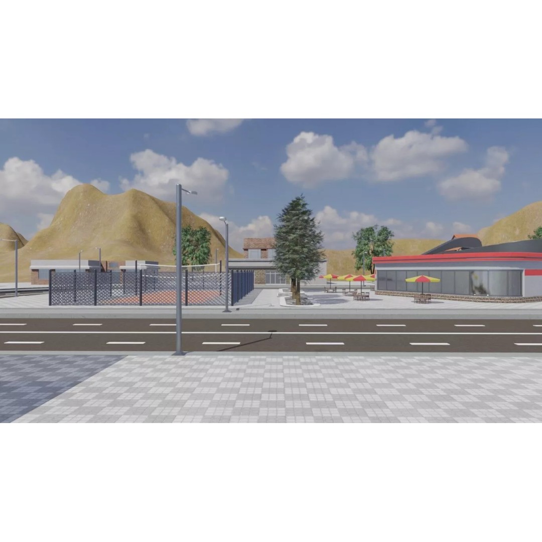 Fast Food Plaza 3D Model – Stylized Outdoor Environment, FBX