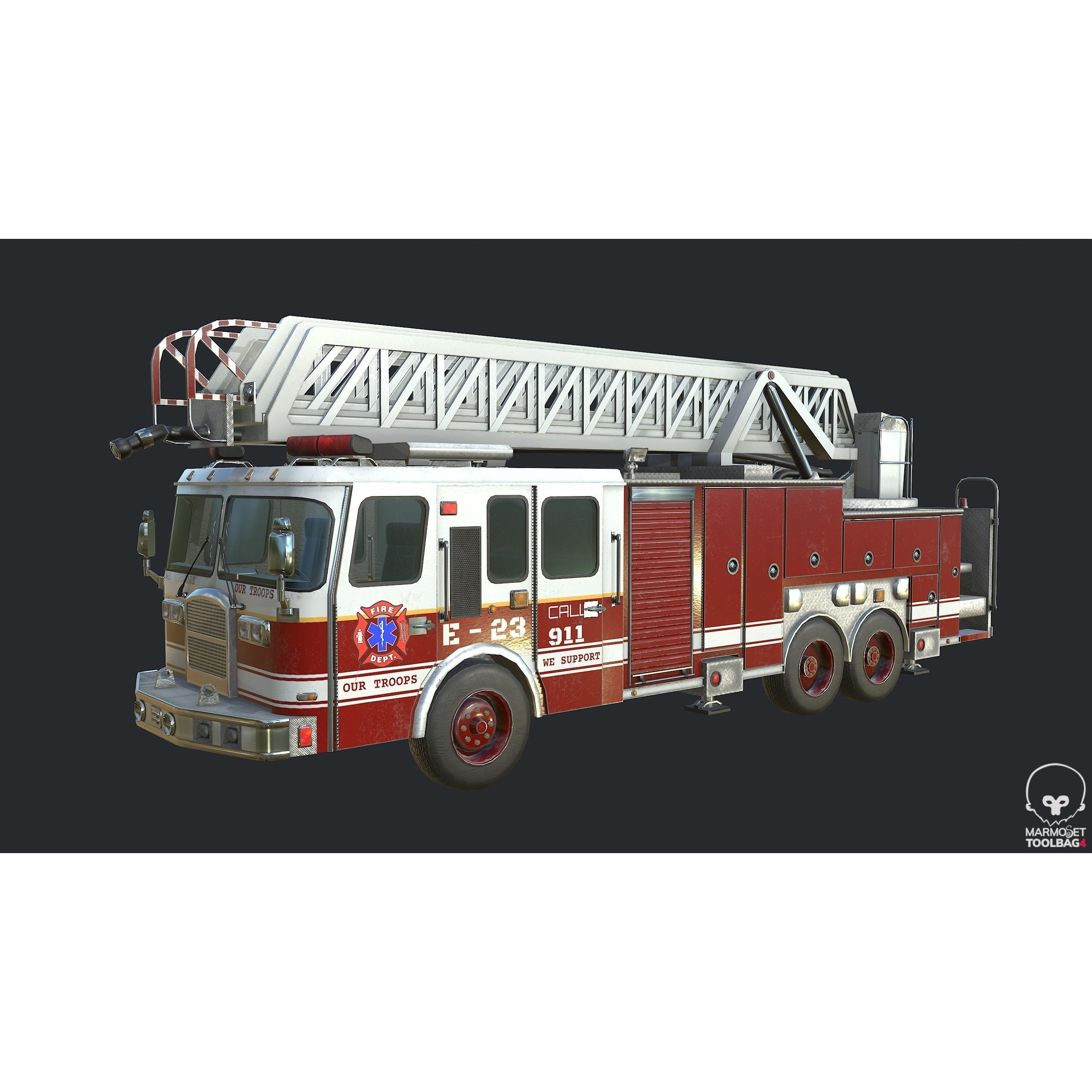 PBR Fire Truck - Low-Poly Game-Ready 3D Model - View 3