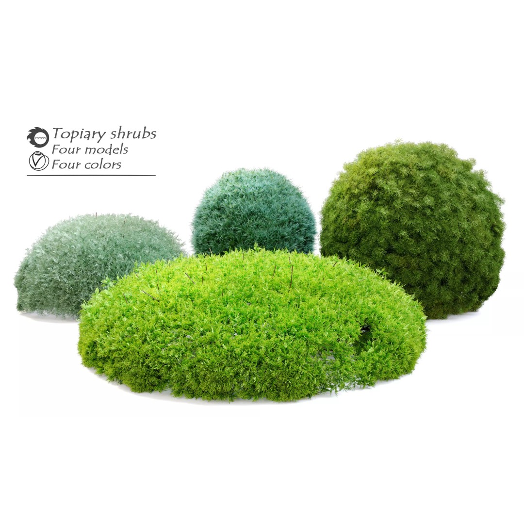 Topiary Shrubs 3D Model – Shaped Vegetation Set, PBR Textures - View 2