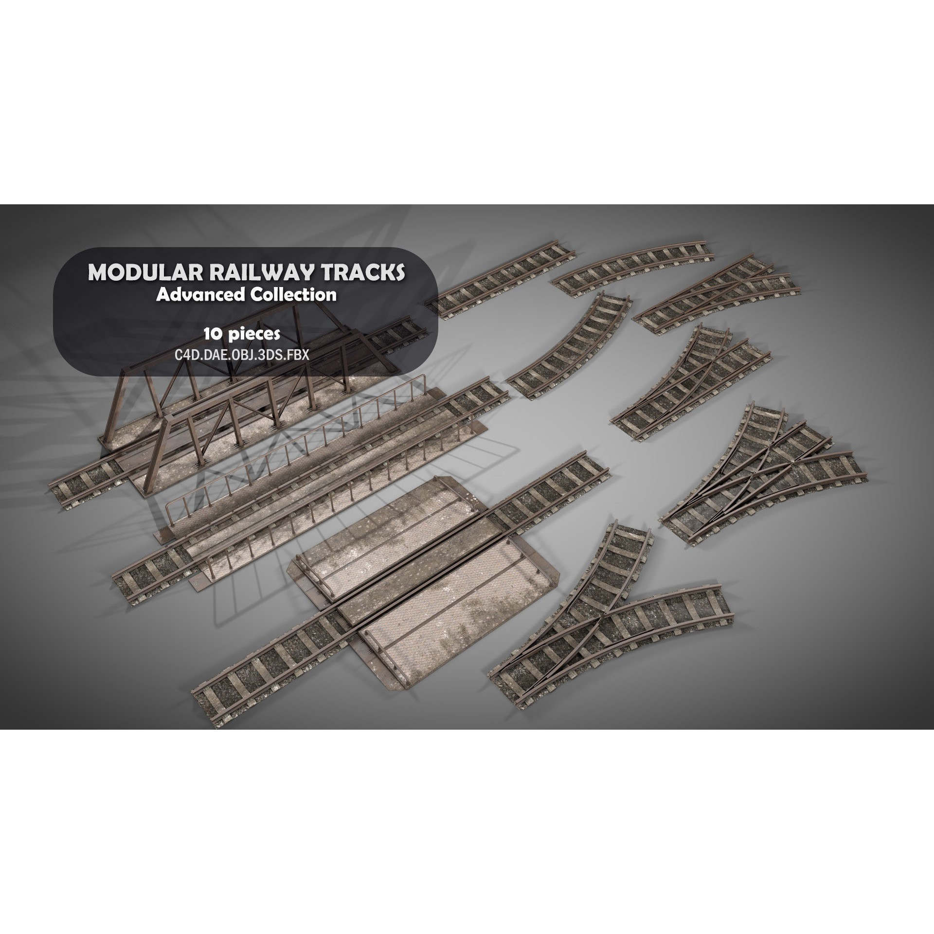 Modular Railway Track Advanced Collection - Game-Ready 3D Model - View 3