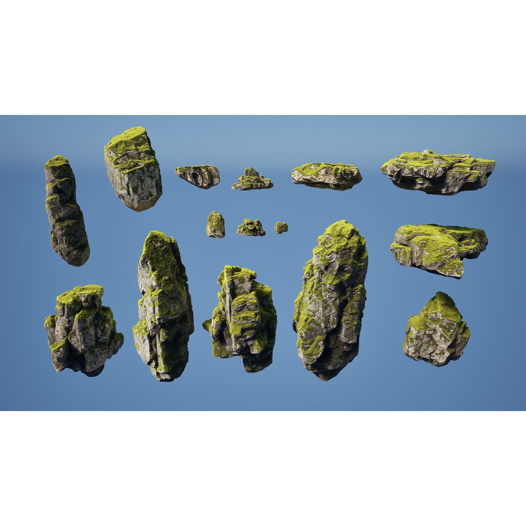 Mossy Rocks 3D Model – Low Poly Environment Asset, Game Ready - View 9