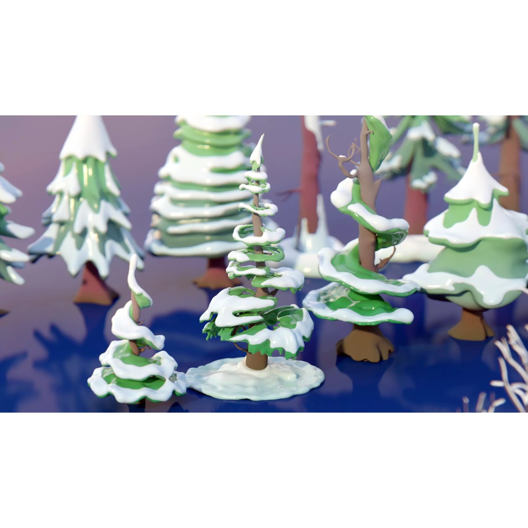 Stylized Winter Tree and Bush 3D Model – Low Poly Game Asset, FBX - View 10
