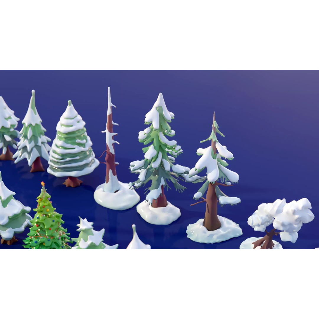 Stylized Winter Tree and Bush 3D Model – Low Poly Game Asset, FBX - View 11