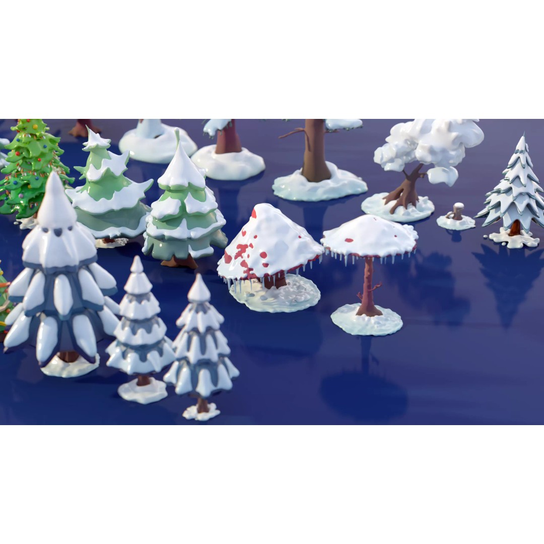 Stylized Winter Tree and Bush 3D Model – Low Poly Game Asset, FBX - View 12