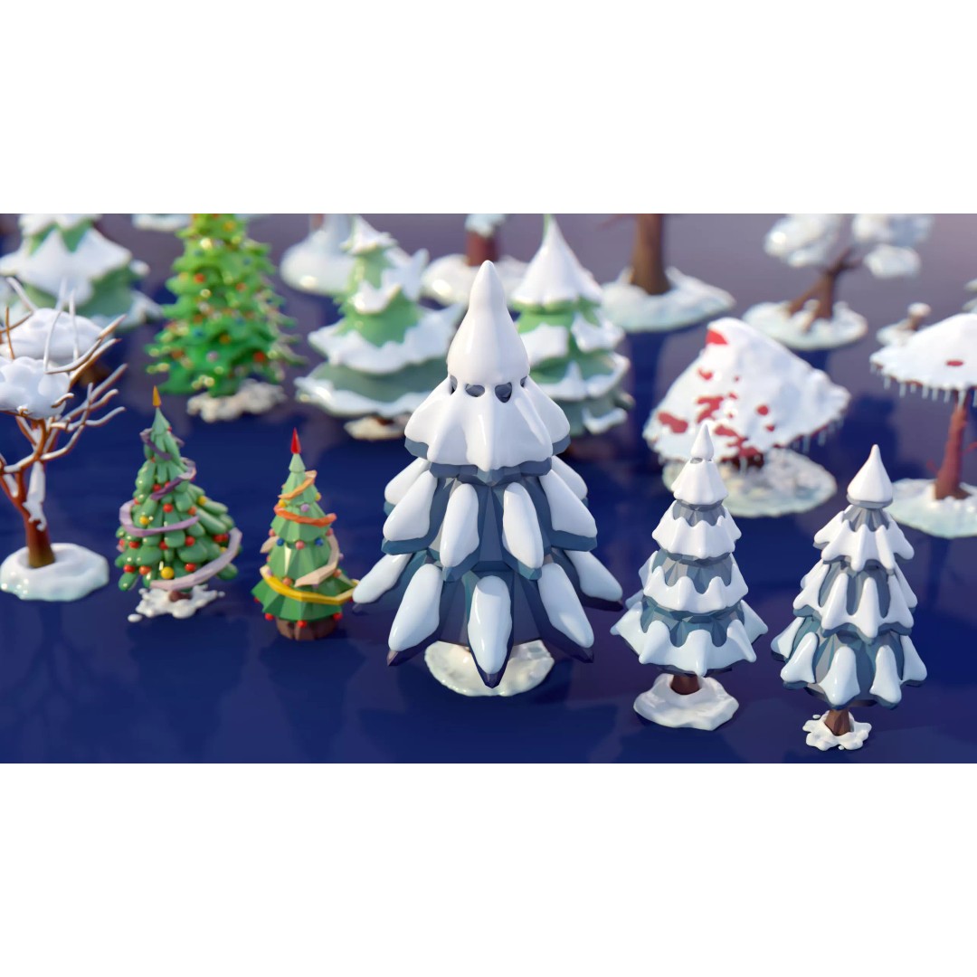 Stylized Winter Tree and Bush 3D Model – Low Poly Game Asset, FBX - View 14