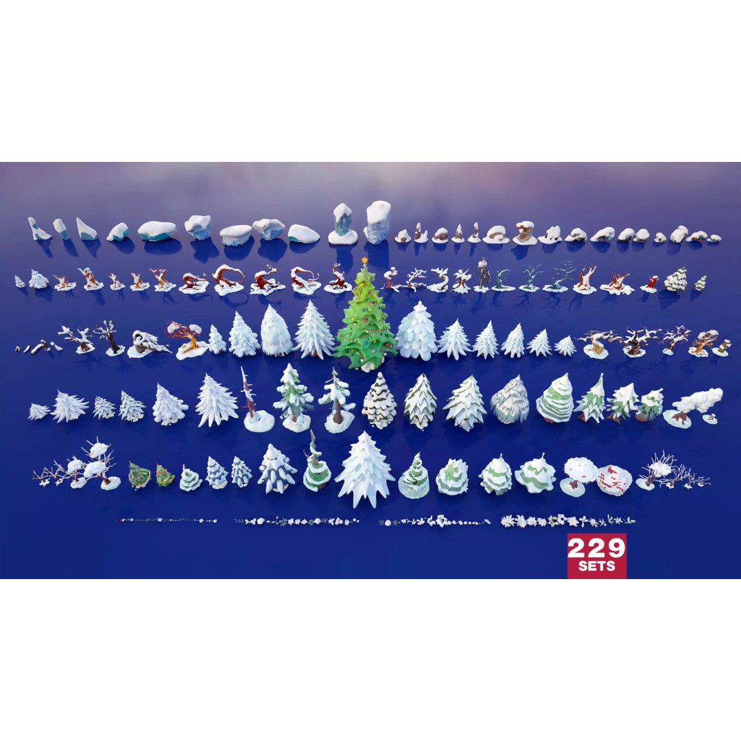 Stylized Winter Tree and Bush 3D Model – Low Poly Game Asset, FBX - View 2