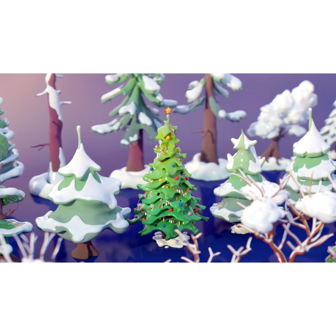 Stylized Winter Tree and Bush 3D Model – Low Poly Game Asset, FBX - View 3